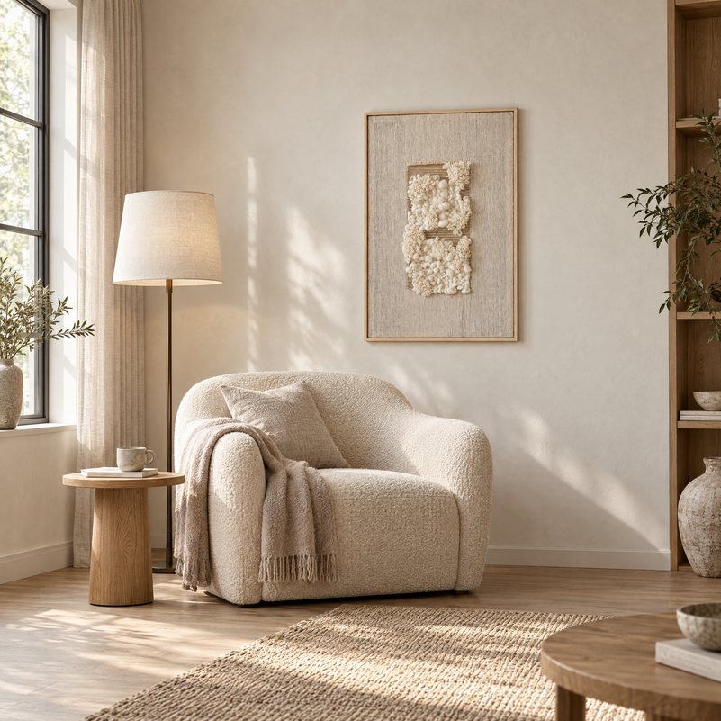 Velua framed handwoven wool tapestry 60 x 100 cm in a living room reading corner with an armchair, Lale Studio Shop