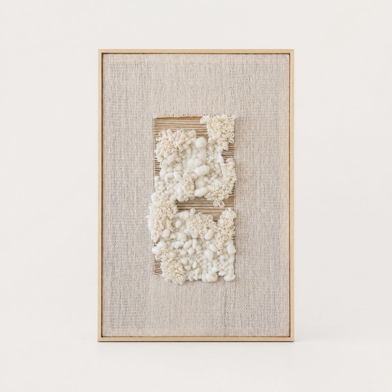 Velua handwoven wool tapestry in raw white with a solid pine frame, modern framed textile wall art by Lale Studio & Shop