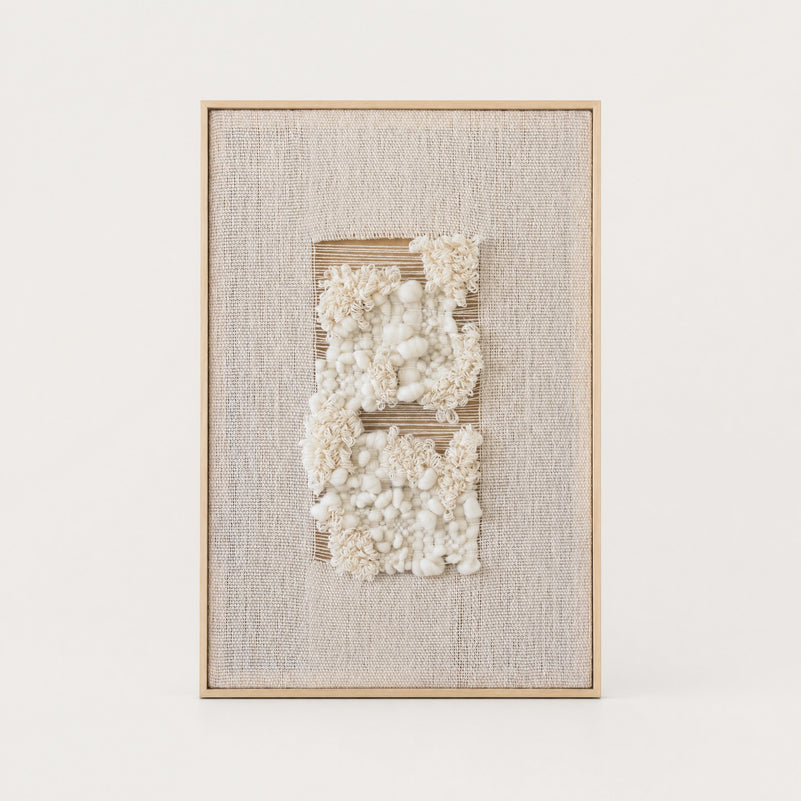 Velua handwoven wool tapestry in raw white with a solid pine frame, modern framed textile wall art by Lale Studio & Shop
