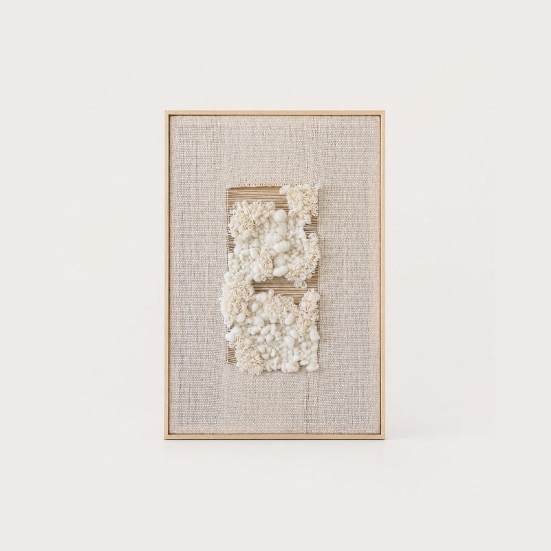 Velua modern handwoven two-ply wool tapestry in a slim wood frame, framed textile wall art by Lale Studio & Shop