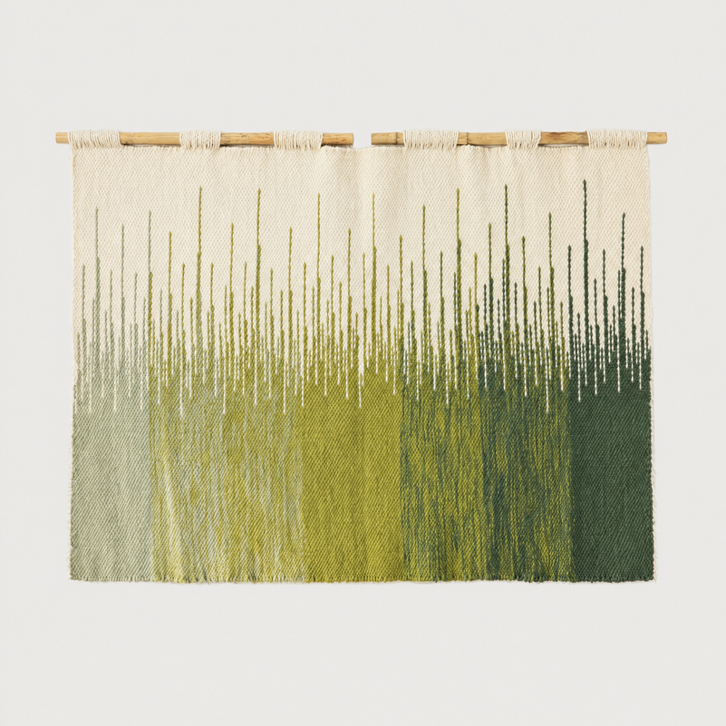 Vero handwoven wool tapestry in green ombre on a bamboo rod, Lale Studio & Shop