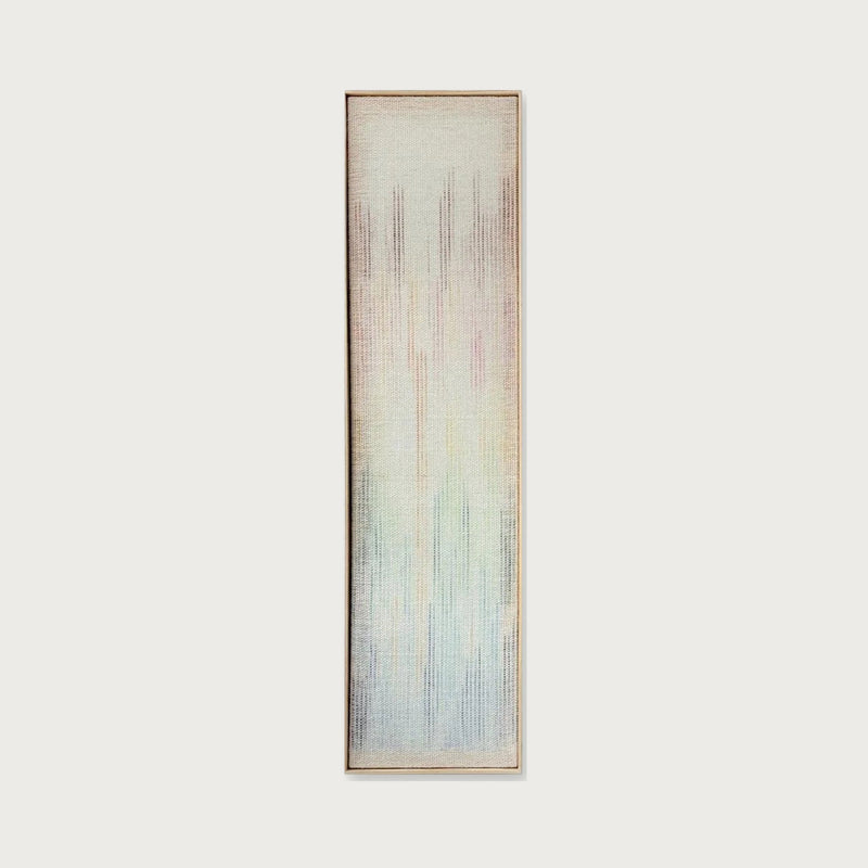Vitre tall handwoven two-ply wool wall art with a soft colourful gradient in a natural pine frame by Lale Studio & Shop