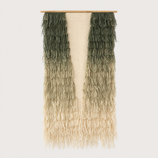 Zafer shaggy handwoven wool tapestry in green and raw white on a bamboo rod, Lale Studio & Shop