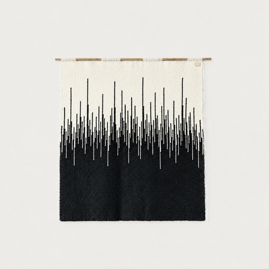 Zebra handwoven wool wall hanging, black and natural beige on bamboo rod, packshot, Lale Studio & Shop