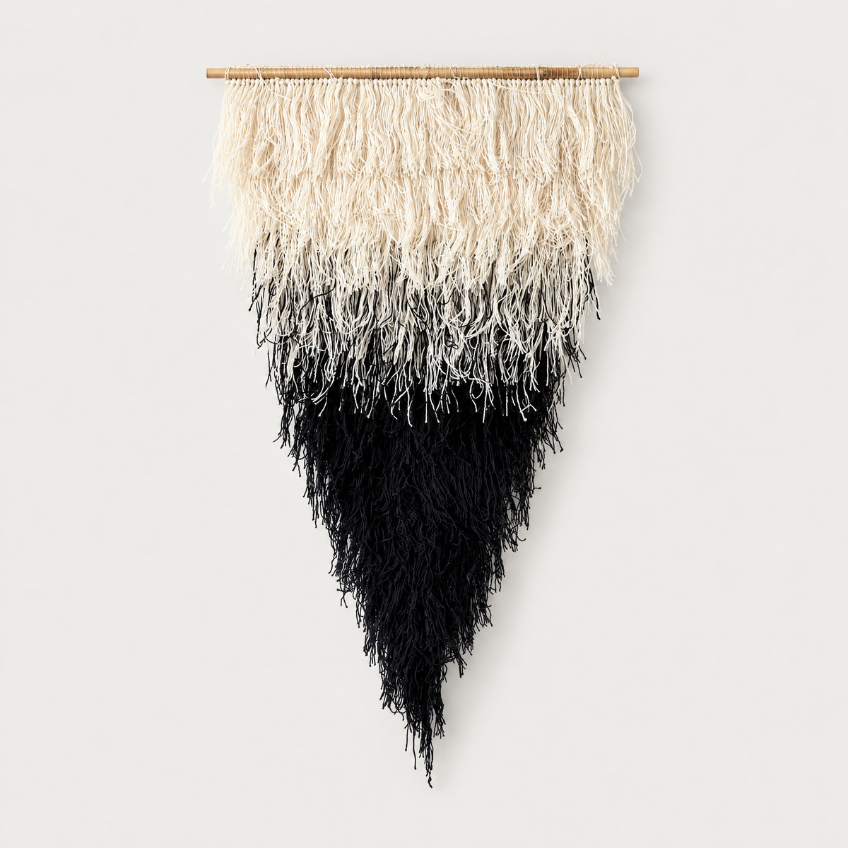 Zen triangular handwoven wool wall hanging with beige to black gradient on a bamboo rod, Lale Studio & Shop