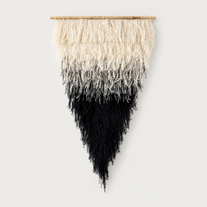 Zen triangular handwoven wool wall hanging with beige to black gradient on a bamboo rod, Lale Studio & Shop