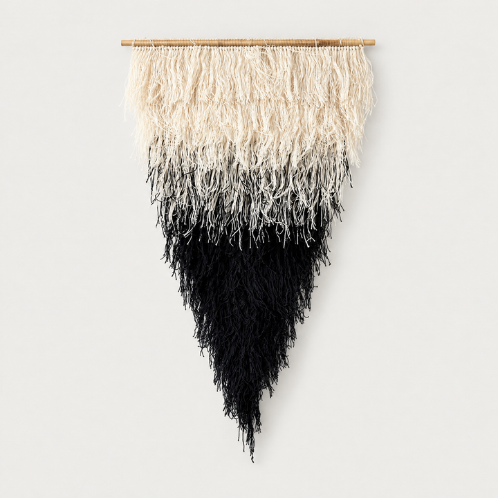 Zen triangular handwoven wool wall hanging with beige to black gradient on a bamboo rod, Lale Studio & Shop