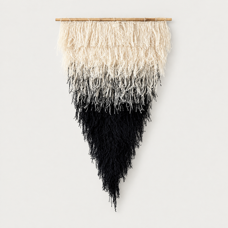 Zen triangular handwoven wool wall hanging with beige to black gradient on a bamboo rod, Lale Studio & Shop