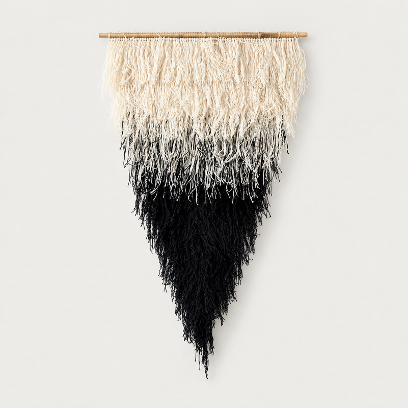 Zen triangular handwoven wool wall hanging with beige to black gradient on a bamboo rod, Lale Studio & Shop